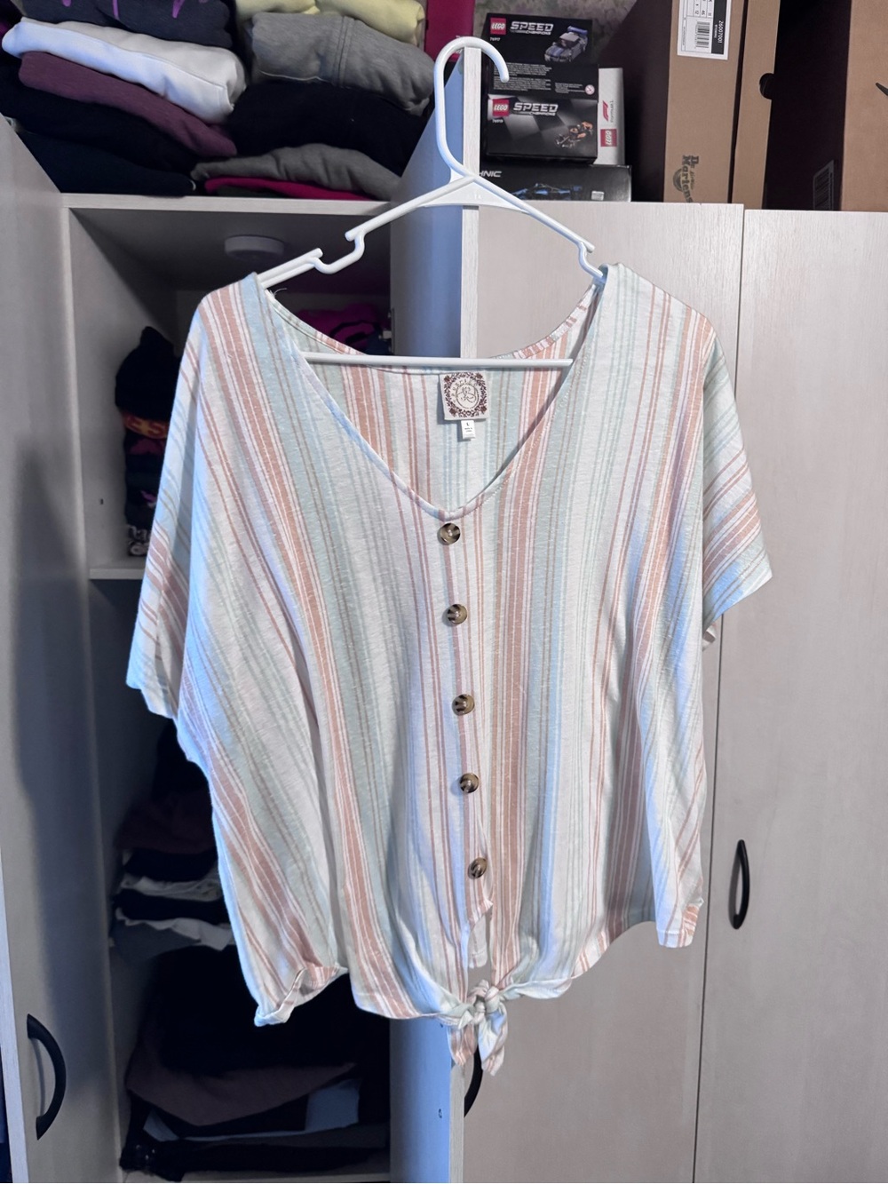 Striped Button-Front Tie-Hem Women’s Top - Pastel Multi